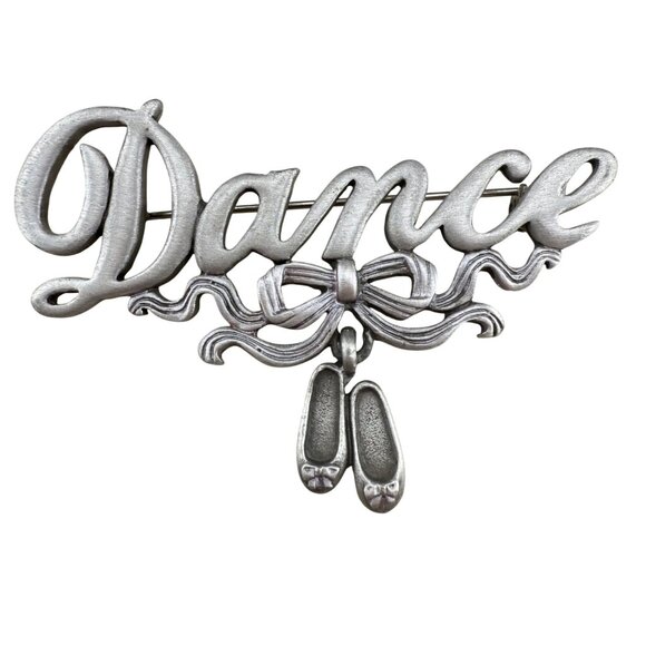 Vintage JJ Jonette Dance Pin Brooch Ballet Slippers Pewter Bow Dangle Accessorie - Picture 1 of 5